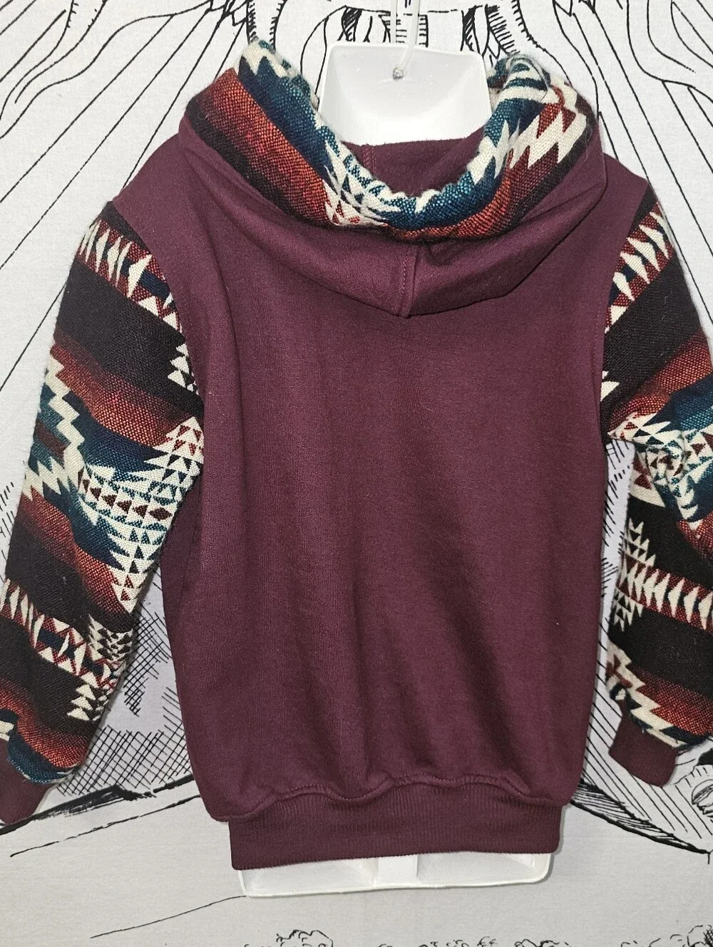 Boy's Sz 4 Maroon Native American Hoodie with Embroidered Wolf - Handmade